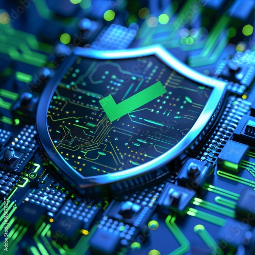 Cybersecurity concept image with a shield icon on a circuit board representing digital protection and secure technology.