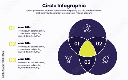 Three intersected circles infographic with Venn diagram. Concept of intersection 3 business fields or areas. MInimal infographic design template. Modern vector illustration