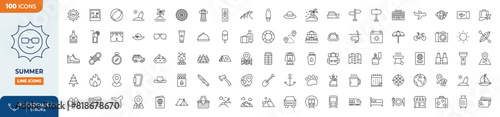 summer line editable icon set. Containing holidays, beach, adventure, travel, summer camp, etc. Editable stroke. Vector illustration	