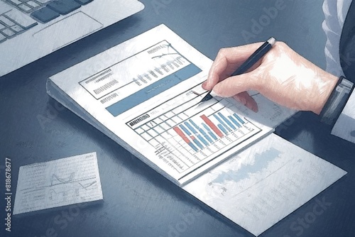 Business, finance and accounting concept. Businesswoman using calculator to calculate financial report, data analysis, graph growth chart, business planning, strategy and investment photo