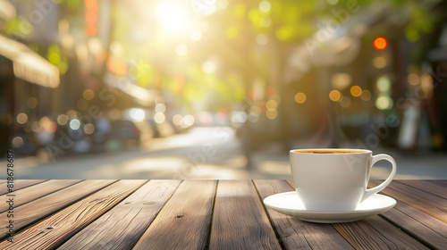 Hot coffee on an old wooden table with sunlight filtering through the trees and a blurred community background.