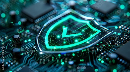 High-tech image of a digital shield icon on a circuit board representing cybersecurity and data protection in the digital age.
