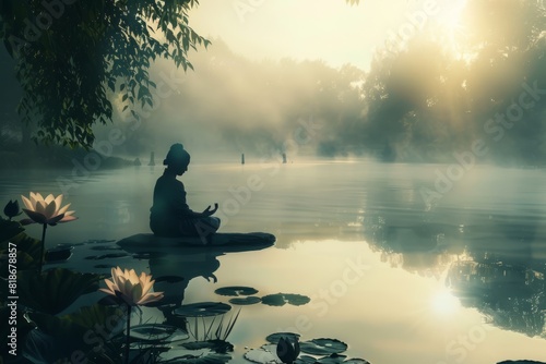 Serene Morning Meditation by Tranquil Waters With Floating Lotus Flowers