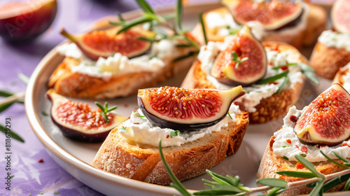 Plate of tasty bruschettas with cream cheese and figs