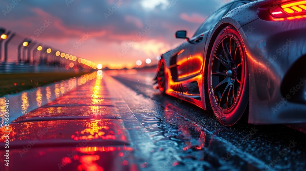 Neon Sports Car in Rain