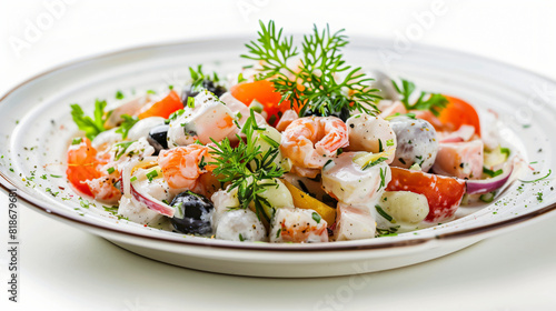 Plate of tasty Olivier salad on white background closeup