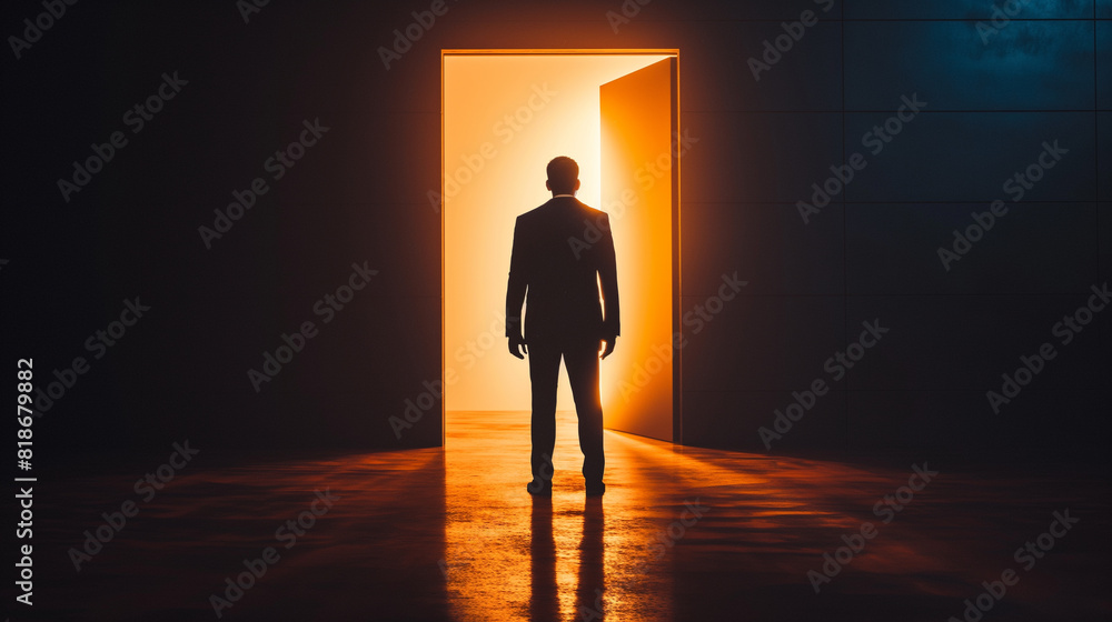 Obraz premium A businessman stands in front of an open door from which fire emanates. Business ideas and challenges A repository of success and gratitude