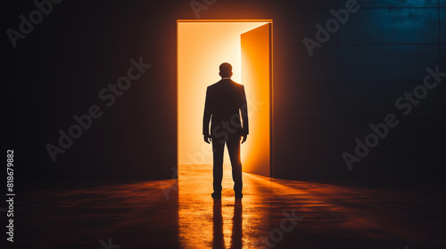A businessman stands in front of an open door from which fire emanates. Business ideas and challenges A repository of success and gratitude