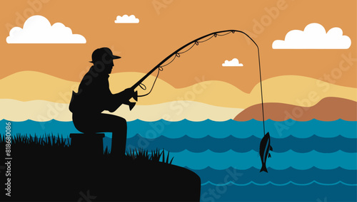 Fisherman fishing scene in flat retro style. vector illustration.