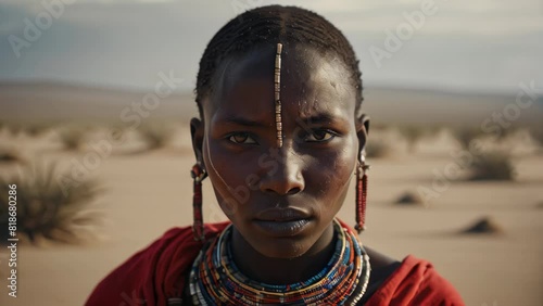 A Masai woman wearing a red dress and a beaded necklace.