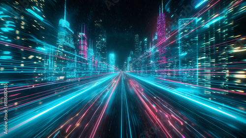 3D futuristic cyberpunk city with blue and pink light trails. Create a sci-fi night city with skyscrapers in the background  night life  technology networks  billboards.