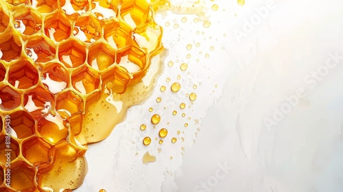 High quality honey dripping on honeycomb, white background, flat lay with generous copy space