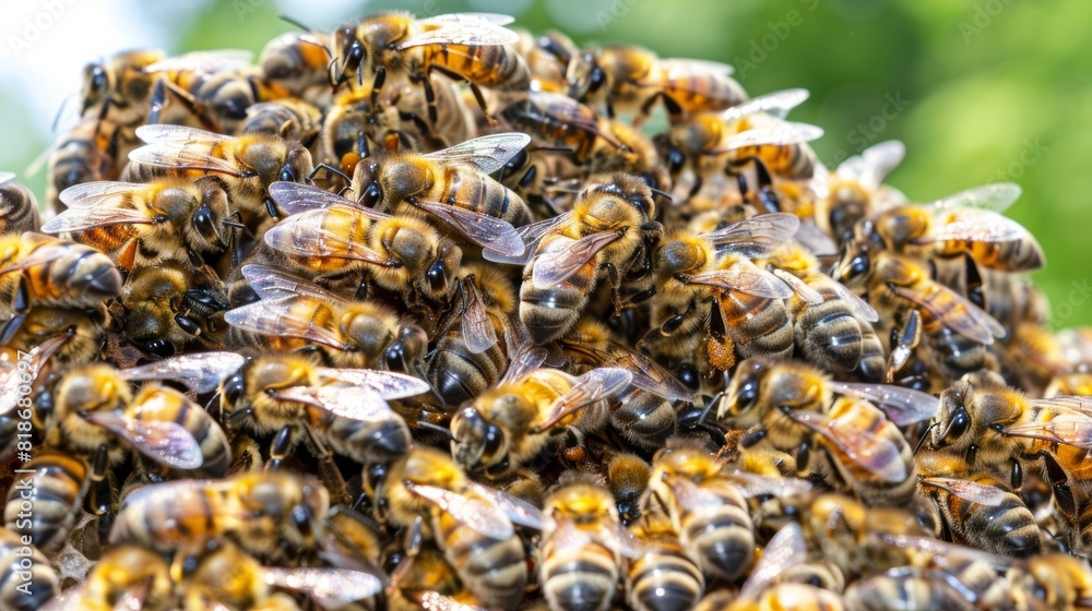 Close-up swarm of bees, honey bees in nature with copy space, macro shot of beehive, banner Close-up swarm of bees, honey bees in nature with copy space, macro shot of beehive, banner