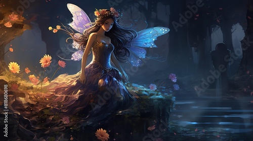 artful illustration pretty fairy princess in enchanted forest  photo