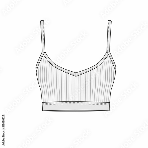 Sketch of a trendy, cropped strappy top. Drawing of a simple sleeveless tank top made of stretch fabric. Template of sports bra on white background.