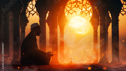 Young Muslim Praying In Mosque spirituality devotion tradition reverence culture with golden light background 