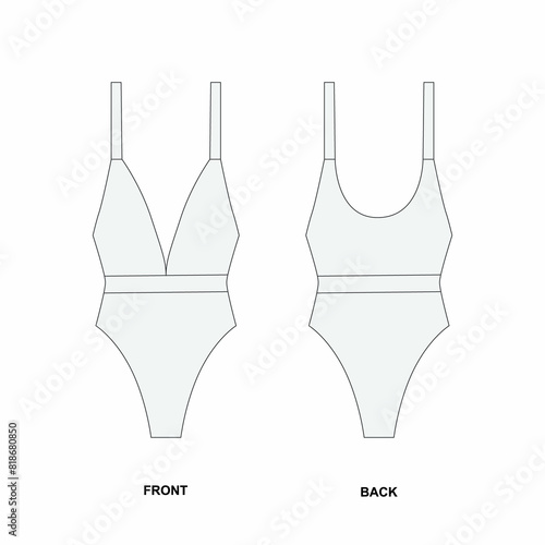 Technical illustration of a women's cut swimsuit front and back view. Template of fashionable swimsuit with deep neckline. 
