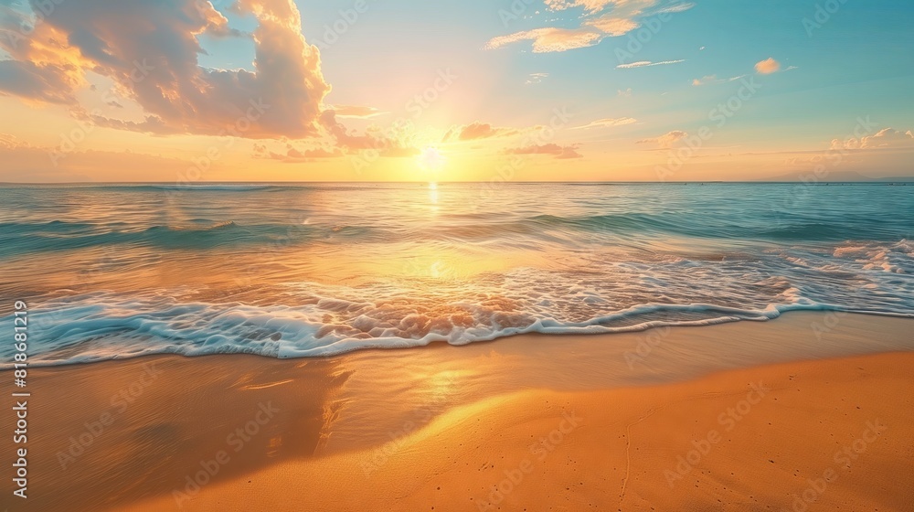 A tranquil beach with golden sands and calm waters under a beautiful sunrise.