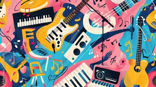 background with cartoon musical pattern. Colorful detailed Retro background with lots of musical instruments objects. funny illustration. Bright colors background with musical symbols and elements.