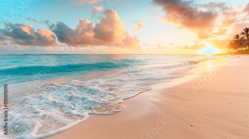Serene beach with golden sand and calm waters turns idyllic at sunrise   a perfect retreat.