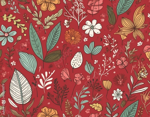 Vector Doodled Herbs and Flowers  Red Background Pattern