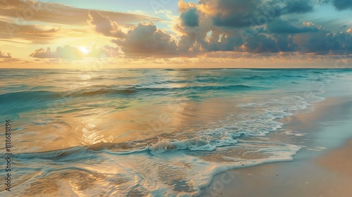 Serene beach sunrise with golden sand and calm waters  crafting a perfect paradise.