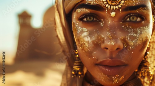 Portrait of a Queen from a Middle Eastern kingdom with gold jewellry, against the background of a desert and a palace. 