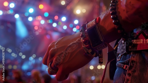 Show a close-up of a hand holding a festival wristband, capturing the texture and details, with a stage backdrop, hyper-realistic, 24mm, shot by Sony, with Composite