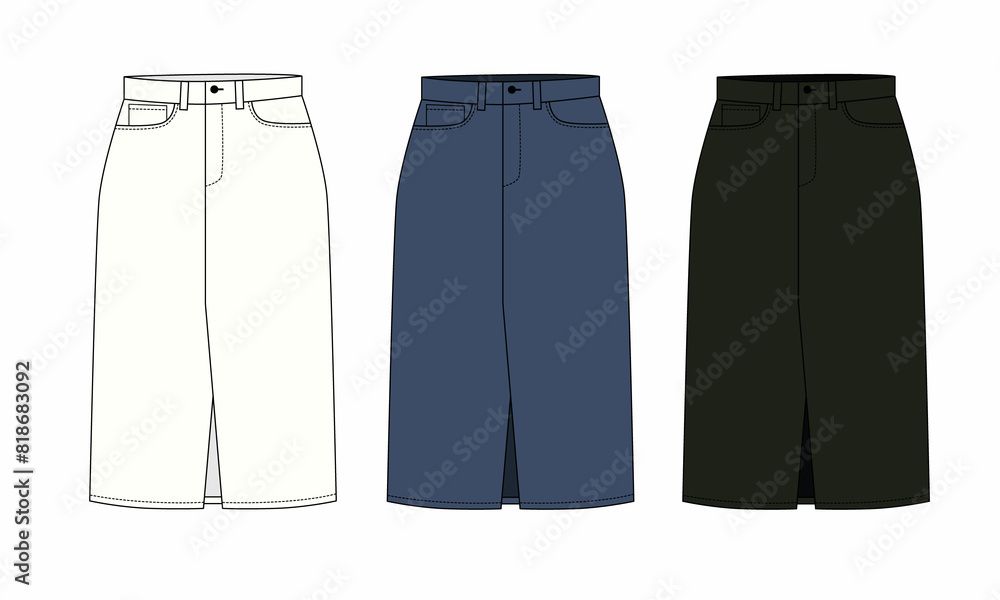 Illustration of women's denim skirt, isolate on white background. Drawing of midi skirt with pockets and zipper, front and back view. Template of fashionable skirt in white, blue, black colors. Illustration of women's denim skirt, isolate on white background. Drawing of midi skirt with pockets and zipper, front and back view. Template of fashionable skirt in white, blue, black colors.