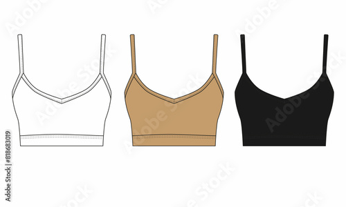 Swimsuit bodice collection in beige, black and white colors. Set of women's summer cropped tops front view. Set of illustrations of simple cut bras, isolate on white background. photo