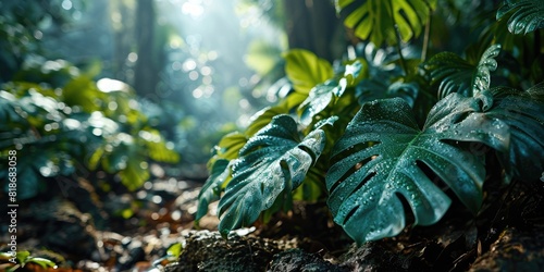 The picture of nature that focused to the green leaf from tree in the forrest that stay on ground and got illuminated with bright light of a sunlight in the summer or spring time of the year. AIGX03. photo