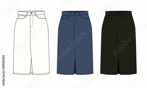 Illustration of women's denim skirt, isolate on white background. Drawing of midi skirt with pockets and zipper, front and back view. Template of fashionable skirt in white, blue, black colors. photo