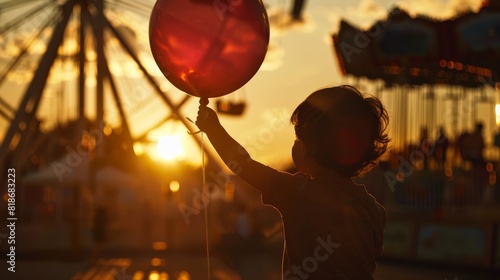 Show a medium shot of a child holding a balloon  capturing their joy with the amusement park rides in the background at sunset  hyper-realistic  24mm  shot by Canon  with Fusion