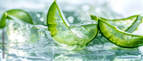 Close-up of juicy aloe vera slices with gel oozing out, on a white background, highlighting the plant's hydrating properties and freshness,