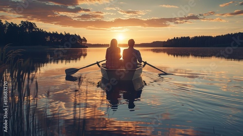 Show a medium shot of a couple rowing a boat on a calm lake  with the sun setting behind them  cinematic  hyper-realistic  24mm  shot by Canon  with Overlay