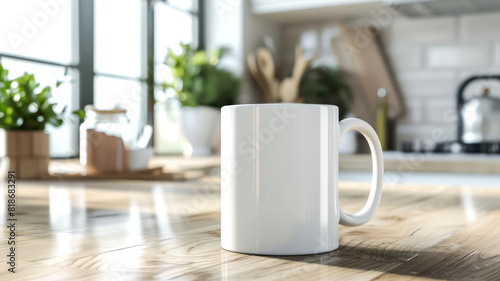 Coffee mug mockup on a kitchen counter, isolated white background, customizable with your design,
