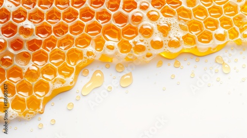 Premium honeycomb photography honey flowing, white background, flat lay with copy space