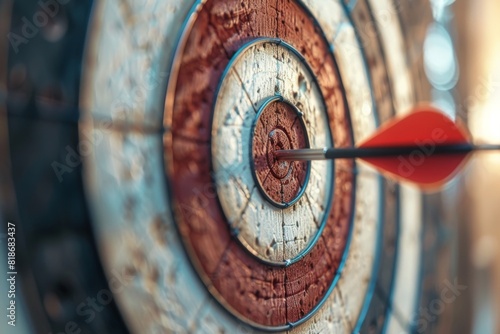 Close-up of a dart hitting the bullseye on a wooden dartboard, symbolizing precision, accuracy, and focus in achieving a target. photo