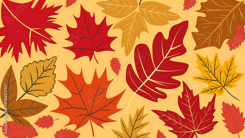 an abstract background with various autumn leaves in different shades of red, orange, and yellow