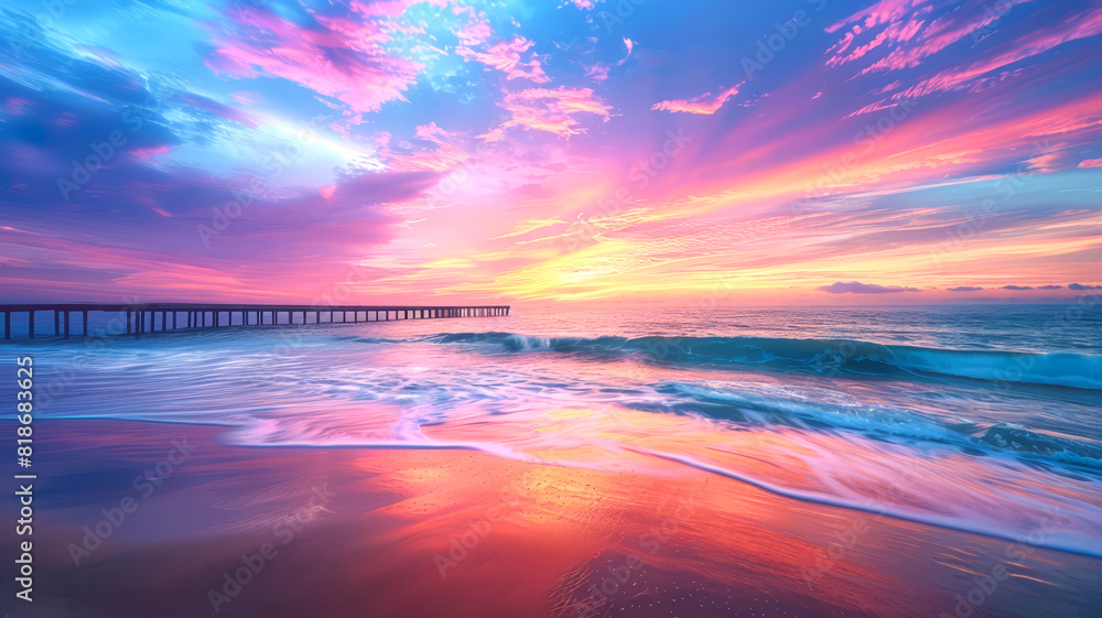 Empty beach at sunset with a colorful sky, calm ocean waves, and a single wooden pier extending into the water Perfect for travel brochures and websites,