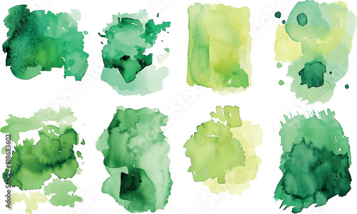 Set of colorful watercolor swatches depicting irregular, organic shapes in shades of green, watercolor style, white background, illustrations