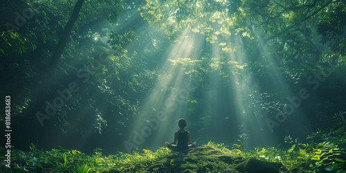 In the tranquil woods  a woman finds peace and vitality through yoga at sunrise.