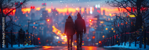A romantic winter stroll in the urban scenery of Odessa, under city lights.