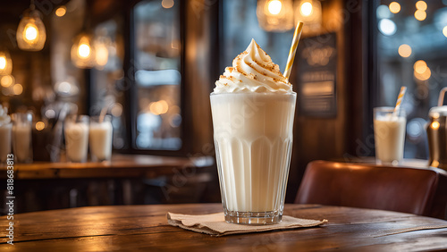 a glass of milkshake with whipped cream on top of it.