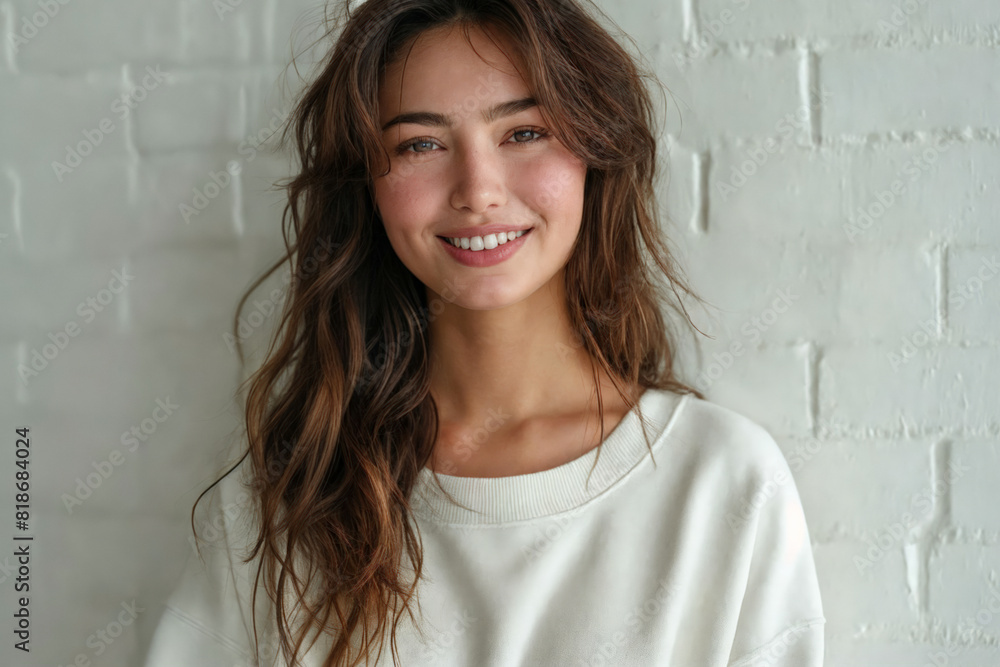 Young caucasian woman in white sweatshirt with long hair against white brick wall, happy minimalist Young caucasian woman in white sweatshirt with long hair against white brick wall, happy minimalist
