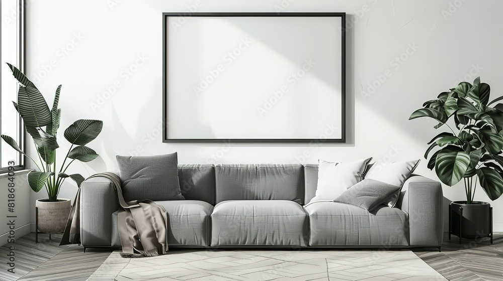 Fototapeta premium Frame mockup, ISO A paper size. Living room wall poster mockup. Interior mockup with house background. Modern interior design. 3D render