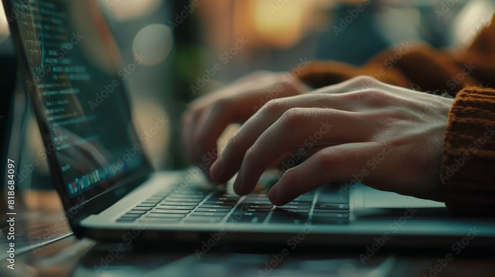 Printing on a laptop, hands and keyboard close-up