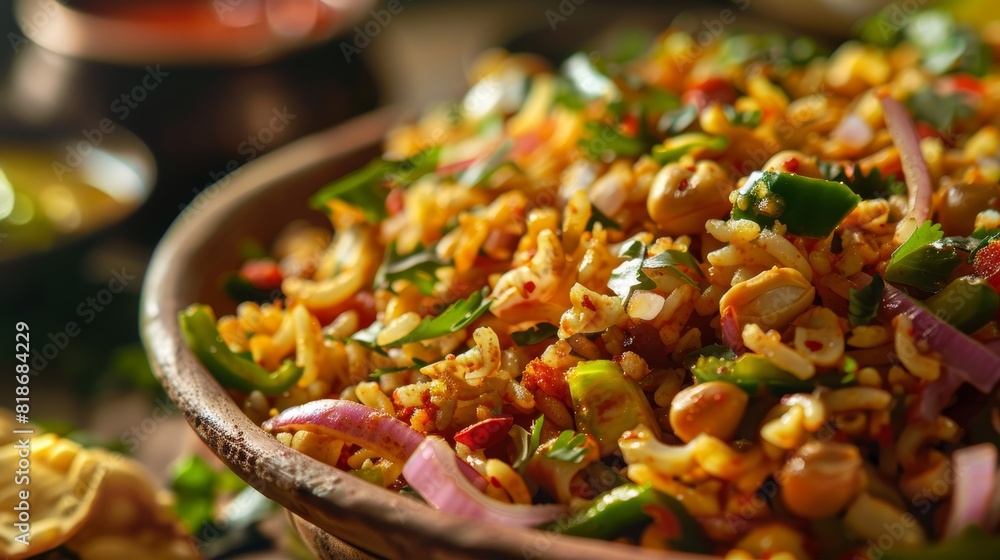 Vibrant Close-up of Bhelpuri Dish for Food Poster Generative AI Vibrant Close-up of Bhelpuri Dish for Food Poster Generative AI