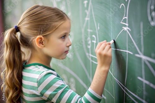 A young girl writing math equations on a chalkboard, focusing intently.