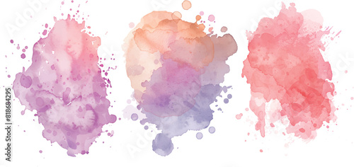 Set of colorful watercolor splashes showcasing soft, pastel droplets in shades of pink blending seamlessly into each other, evoking a calm and serene atmosphere, watercolor style,